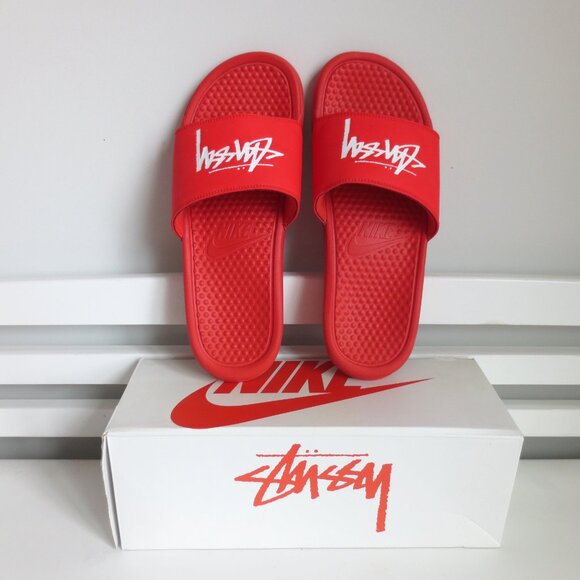 NWB Nike x Stussy Benassi Slides Mens Habanero Red Slip On Sandal Sz-9 main image 4